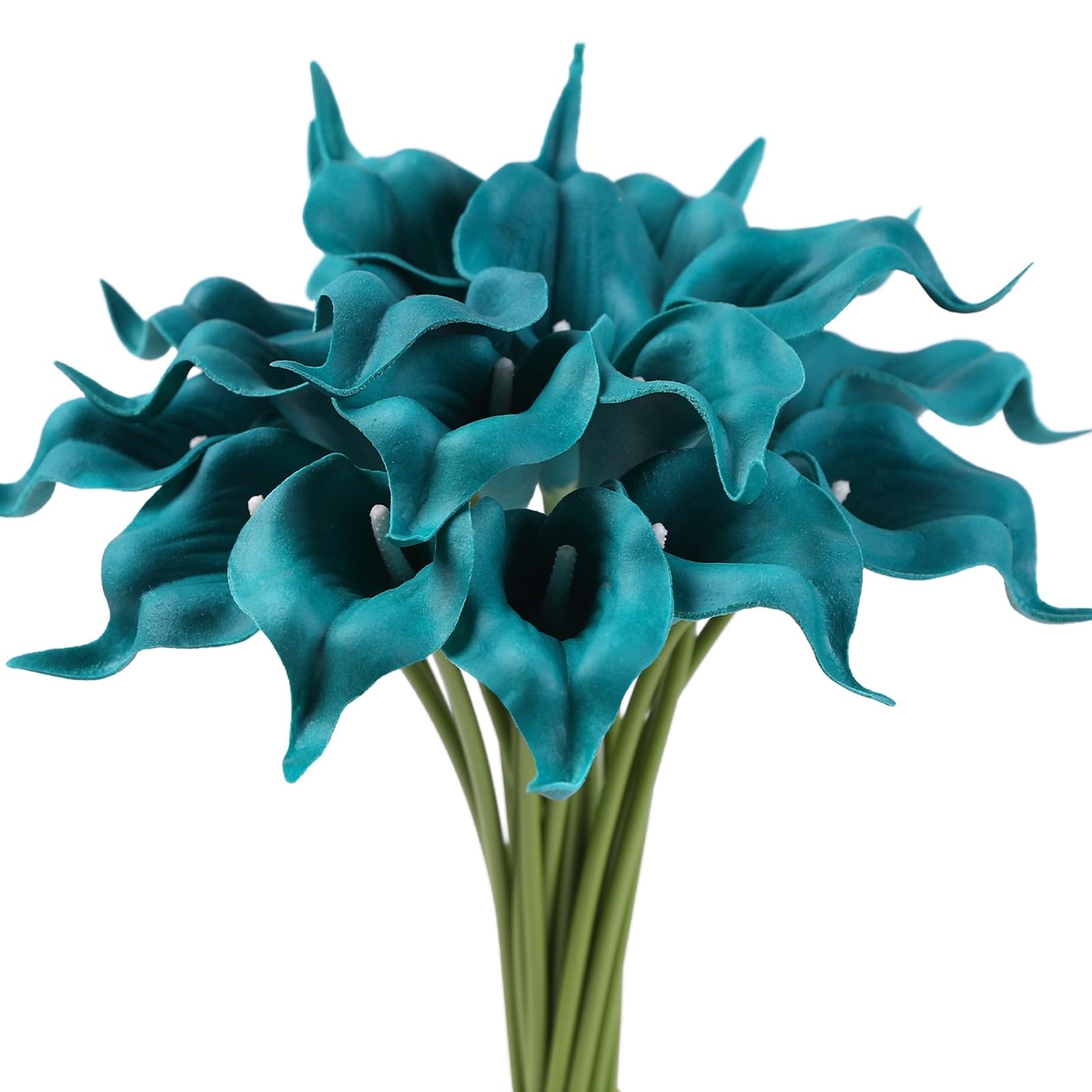JUSTOYOU 20pcs Artificial Calla Lily 13" Fake Teal Flowers Wedding Bouquet Real Touch Flower for Bride Wedding Home (Peacock Blue)