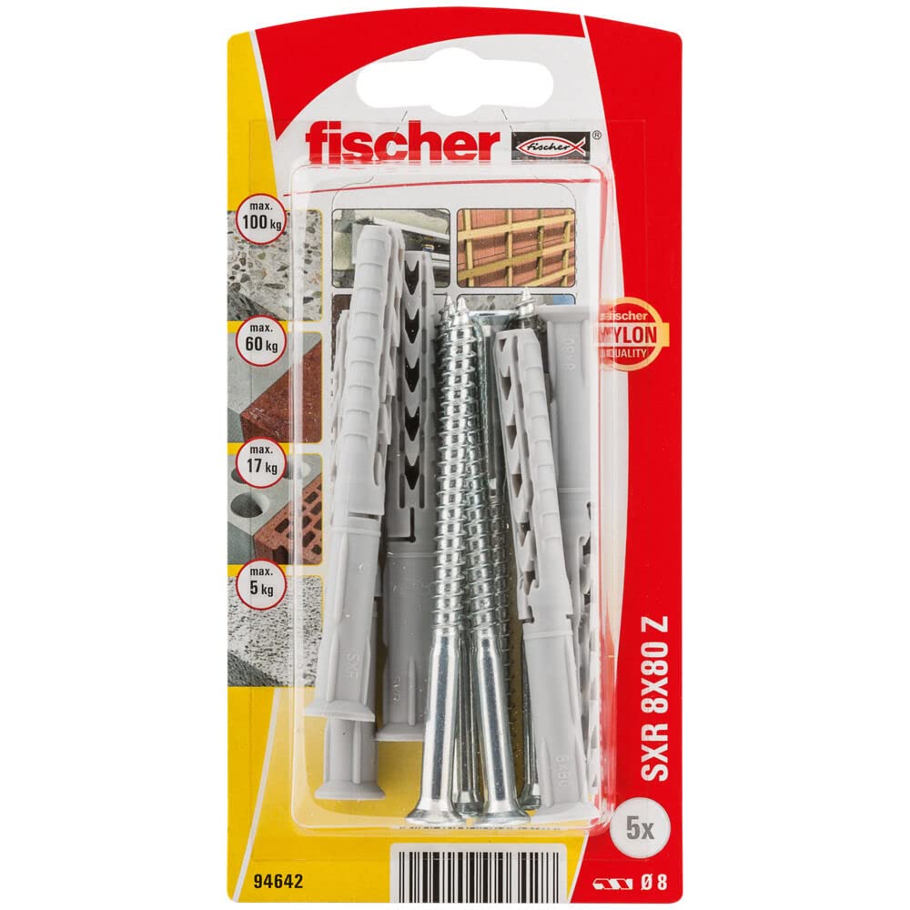 fischer Frame Fixing SXR 8 x 80 Z with countersunk Wood Screw K SB-Card, 94642, Gray
