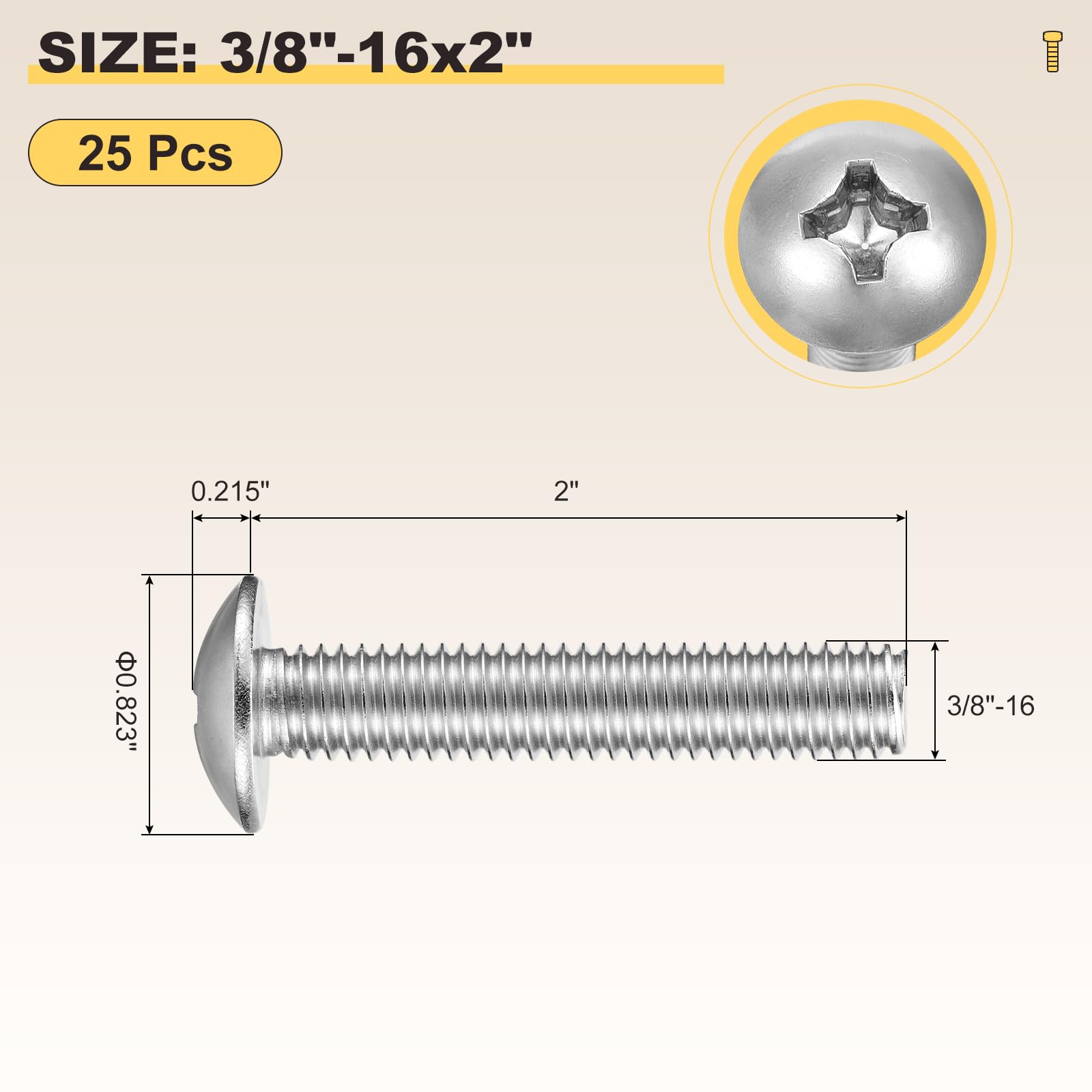METALLIXITY Machine Screws Phillips Head(3/8"-16x2") 25Pcs, 304 Stainless Steel Round Head Phillips Drive Furniture Bolts - Image 2