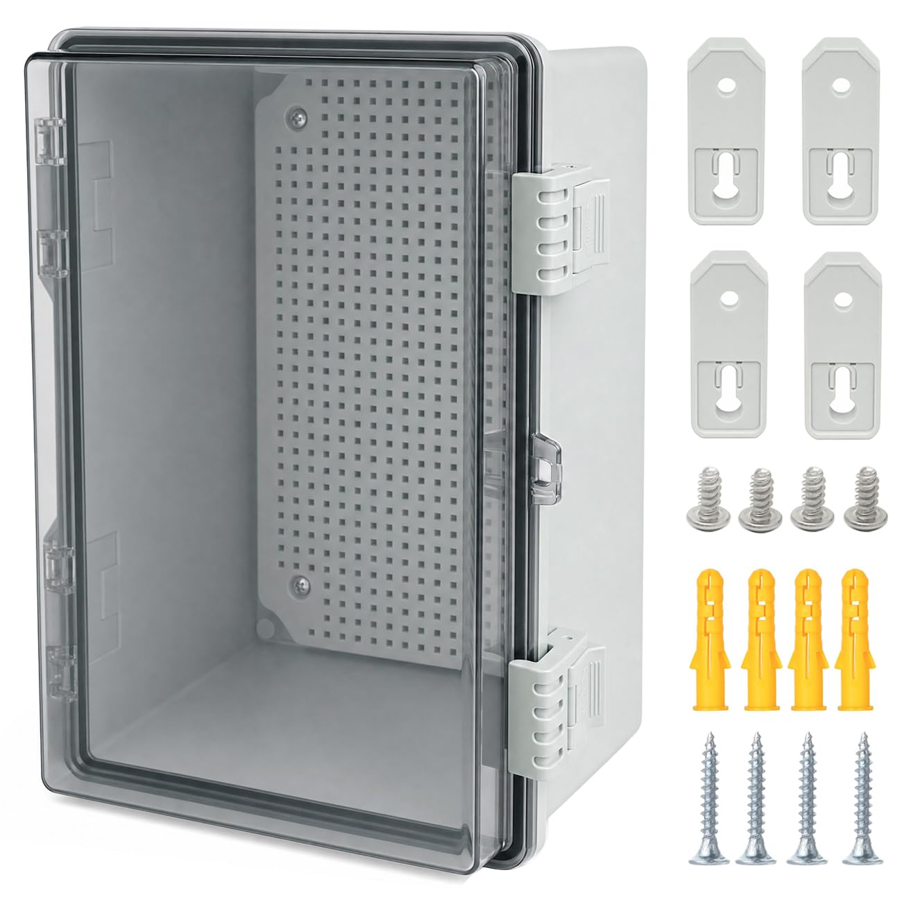 Otdorpatio Junction Box, Hinged Clear Cover IP67 Waterproof ABS Project Box with 2 NPT 1/2" Cable Gland, Electrical Box Enclosure with Mounting Plate & Wall Bracket 11.8x7.8x6.7inch(300x200x170mm)