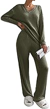 Women 2 Piece Set Casual Autumn Winter Casual Pajamas Set V Neck Ribbed Long Sleeve and Wide Leg Pants with Pockets Sportwear