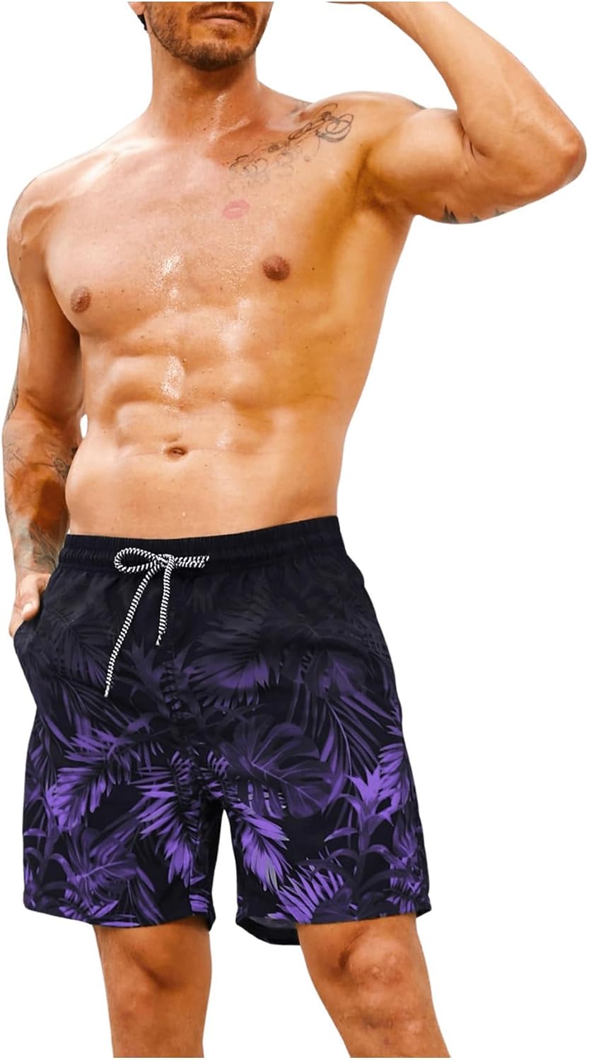 Verdusa Men's Tropical Print Drawstring Waist Swim Trunks Beach Shorts Black Purple Large - Image 4