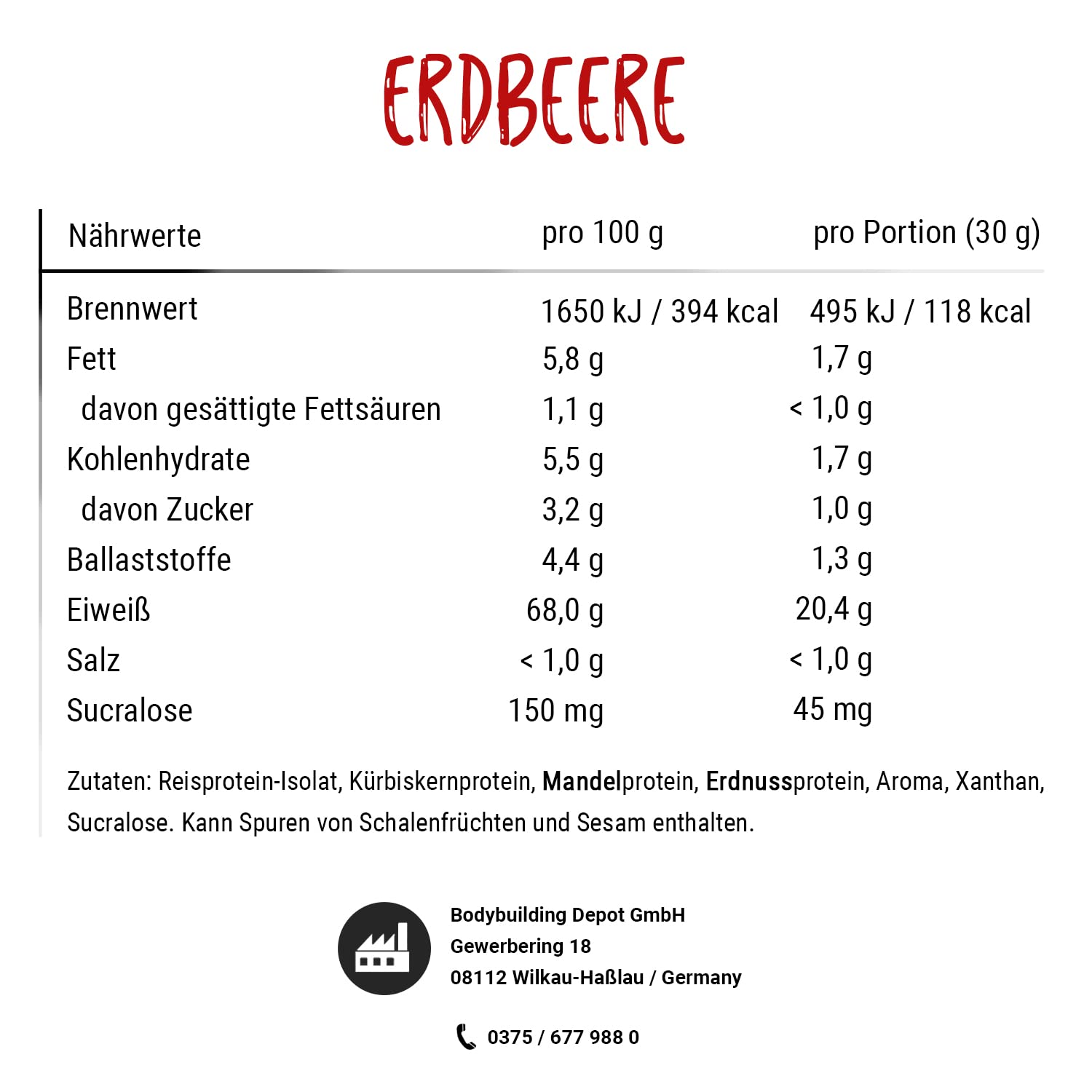 Bodybuilding Depot® - Veganes Proteinpulver 1kg, Vegan 4k, Umweltfreundlich in Papier verpackt, 100% pflanzlich, Sehr gute Löslichkeit, Natürlicher Geschmack (Erdbeere)
