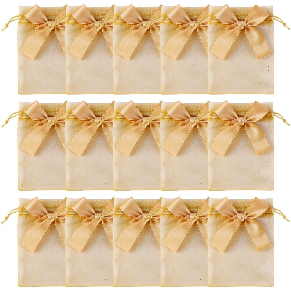 Fituenly 50pcs Organza Drawstring Favor Bag, Bowknot Candy Bags with Pearl Bead, Jewelry Packing Pouch for Wedding Christmas Birthday