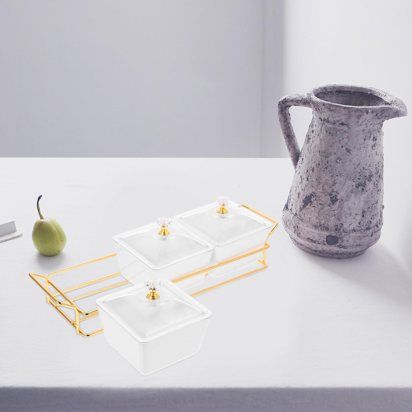 BESPORTBLE Vassoio da Portata in Ceramica Coperchio e 3 Scomparti | Bianco, Design Multicomparto, Ferro Integrato, Uso Versatile per Dolci, Snack e Condimenti