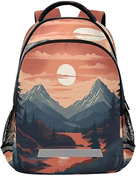 Blueangle Waterproof Backpack with Vintage Mountain Landscape Design - Lightweight Ergonomic Daypack for Commute, Travel