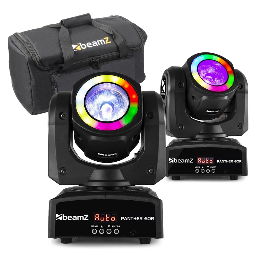 Beamz Rgbw 2X Panther 60R Moving Head Beam Lights With Led Ring, Dmx Stage Lighting Package, Powerful 60W Dj Light Beams And Protective Case For Bars, Clubs, Events