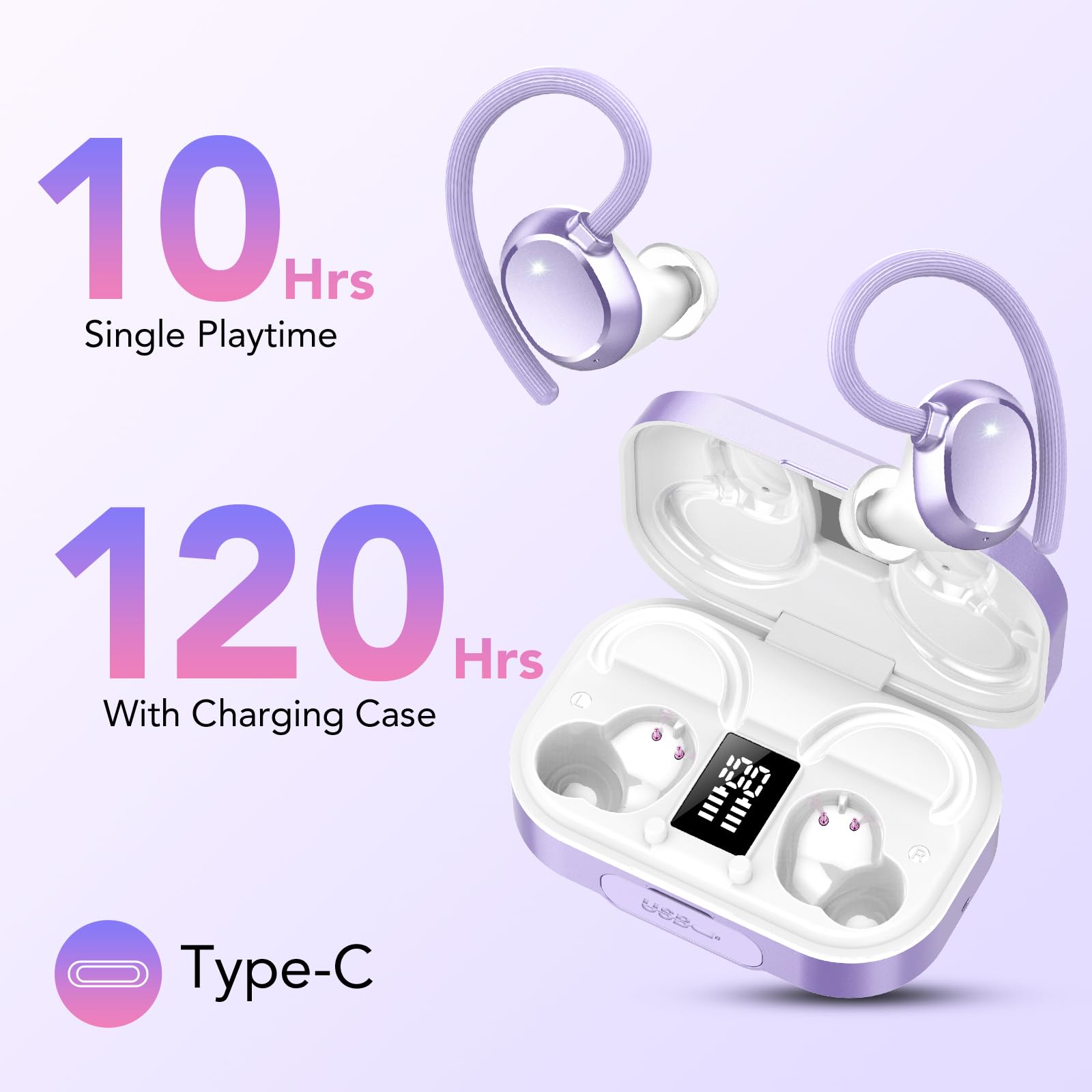 KT1 Cuffie Bluetooth Sport, Auricolari Bluetooth 5.3, 120 Ore di Riproduzione con Custodia di Ricarica, Vestibilità Comoda, Cuffie Wireless Impermeabili IPX7, Bassi Profondi, Display LED(viola) - Vista 2