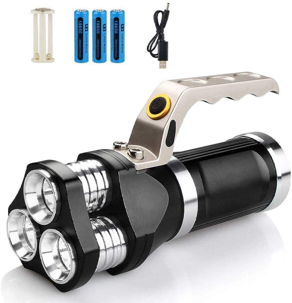 QWE Rechargeable LED Tactical Flashlight 2400 Lumens CREE T6 LED Torch Searchlight IP65 Waterproof Handheld Floodlight for Camping Hiking Cycling and Emergency Use Batteries Included (Black)