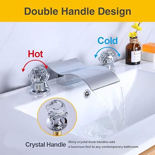 Miniatura 9 de Grifo de lavabo de baño generalizado con perilla de cristal, grifo de tocador de cascada de 3 agujeros, grifo de baño de cristal de 8 pulgadas,
