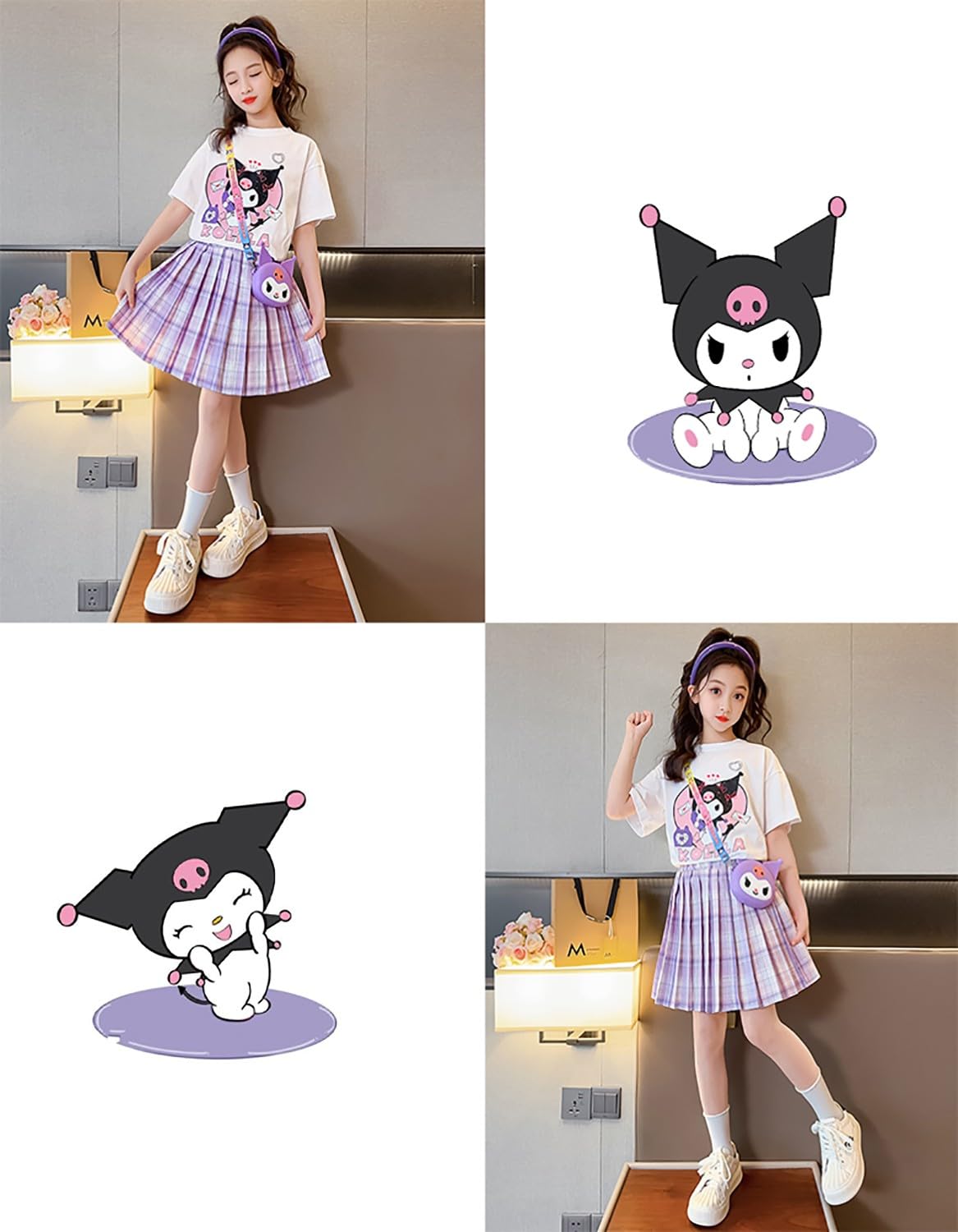 Cartoon Conjunto Falda y Top para Niñas Camiseta Manga Corta + Minifalda Plisada + Bolso de Dibujos Animados 3 Piezas Traje