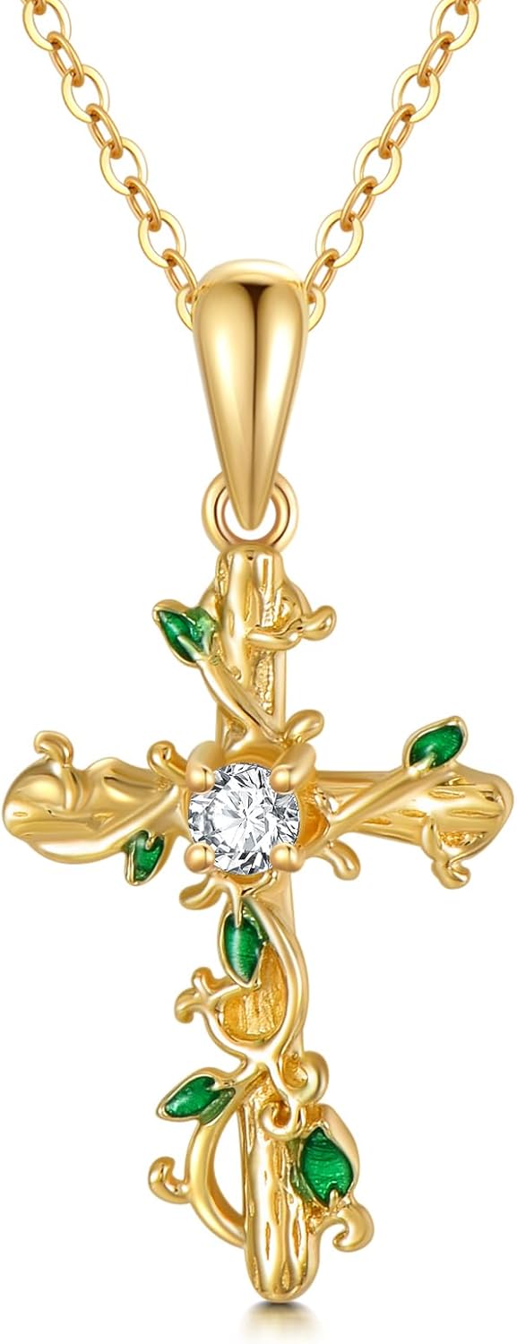 Solid 14K Yellow Gold Cross Necklace for Women 14K Real Gold Cross Pendant Neckalce Vine Leaf Design Birthday Anniversary Luxury Jewelry Gift for Wife Mom Her