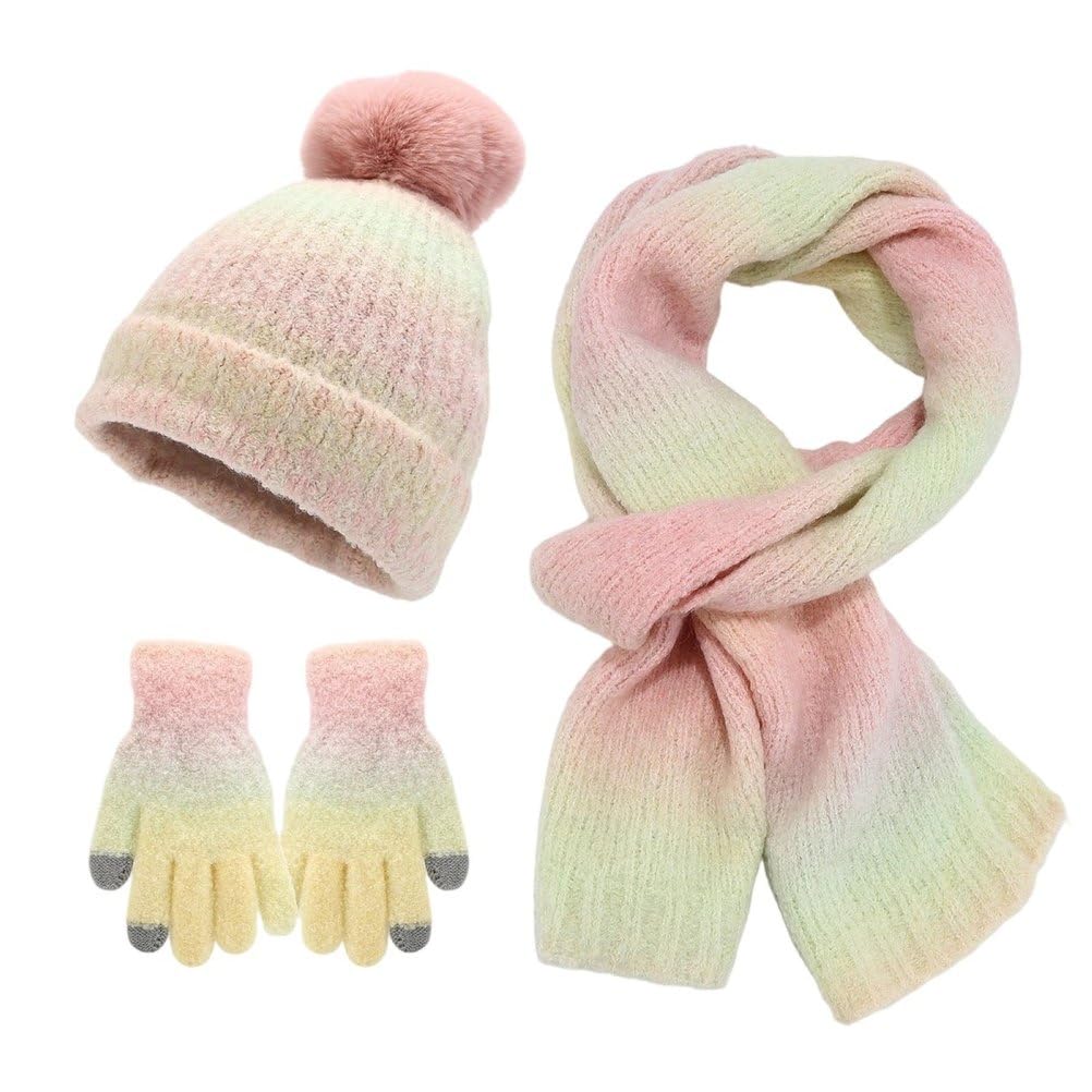 Donna Inverno Caldo Gradiente Pompon Beanie Cappello Touchscreen Guanti Lunga Maglia Sciarpa 3 in 1 Set,Rosa