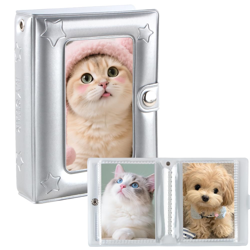 3 Inch Silver Photo Albums, Mini Photo Album Small Picture Book for Photos Patent Leather Star Postcard Album Picture Books with 2