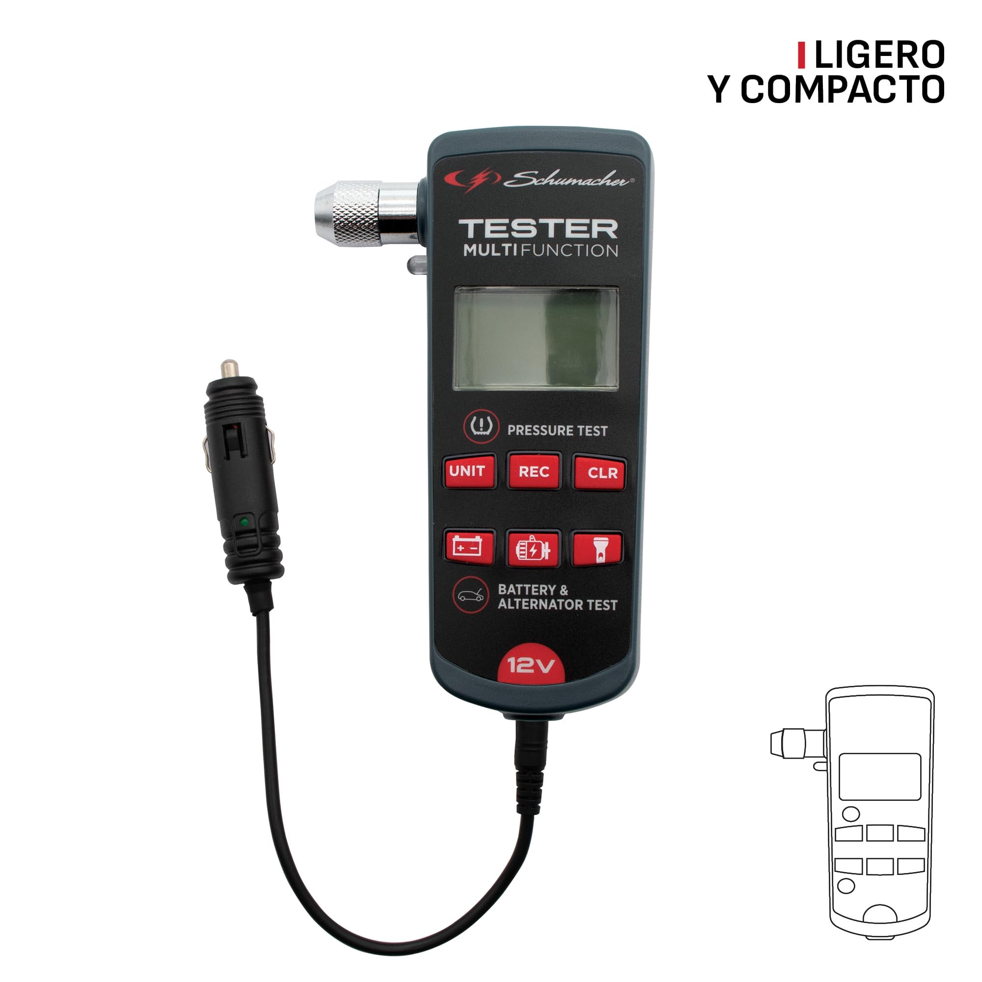 Schumacher Electric XP200 - Comprobador 3 en 1 Batería 12V, Alternador y Presión de Neumáticos - Compacto, Portátil, Mechero - Linterna LED Integrada | Alternador, Presión de los neumáticos, Super compacto portátil, Encendedor de cigarrillos, Lámpara LED