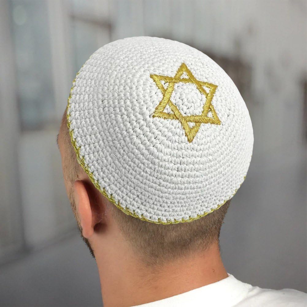 Kippa Bianca Con Stella Di David Cucita – Cotone, Taglia Unica Adulto/bambino