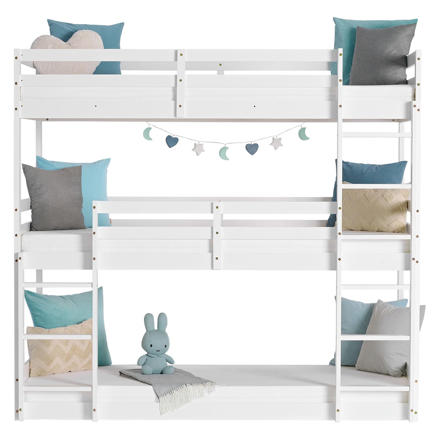 Homestyle4u Dreifach Etagenbett 90x200 cm - Weißes Massivholz Hochbett | Stockbett für 3 Personen aus Kiefer - Inklusive Lattenrost & Leitern - Platzsparendes Kinderbett für 3 Kinder