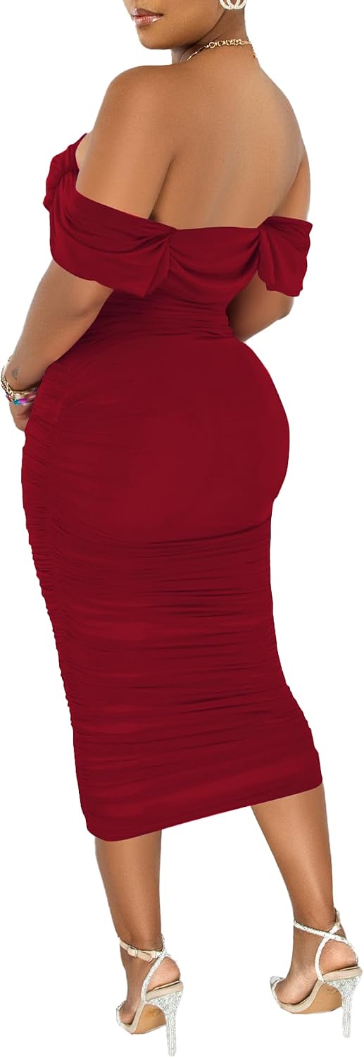 PINSV Women Ruched Off Shoulder Dress Bodycon Party Elegant Midi Dresses image 5