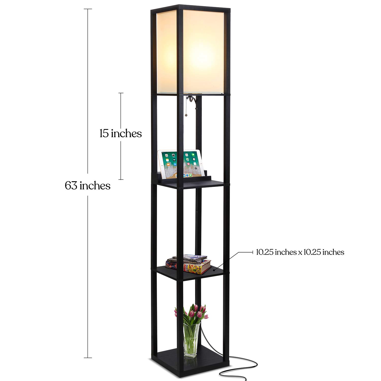 Brightech Maxwell Shelf lampa stojąca z bezprzewodową stacją ładującą, złączem USB i gniazdkiem, do biura i salonu, nowoczesna, wąska lampka nocna i wieżowa, czarna