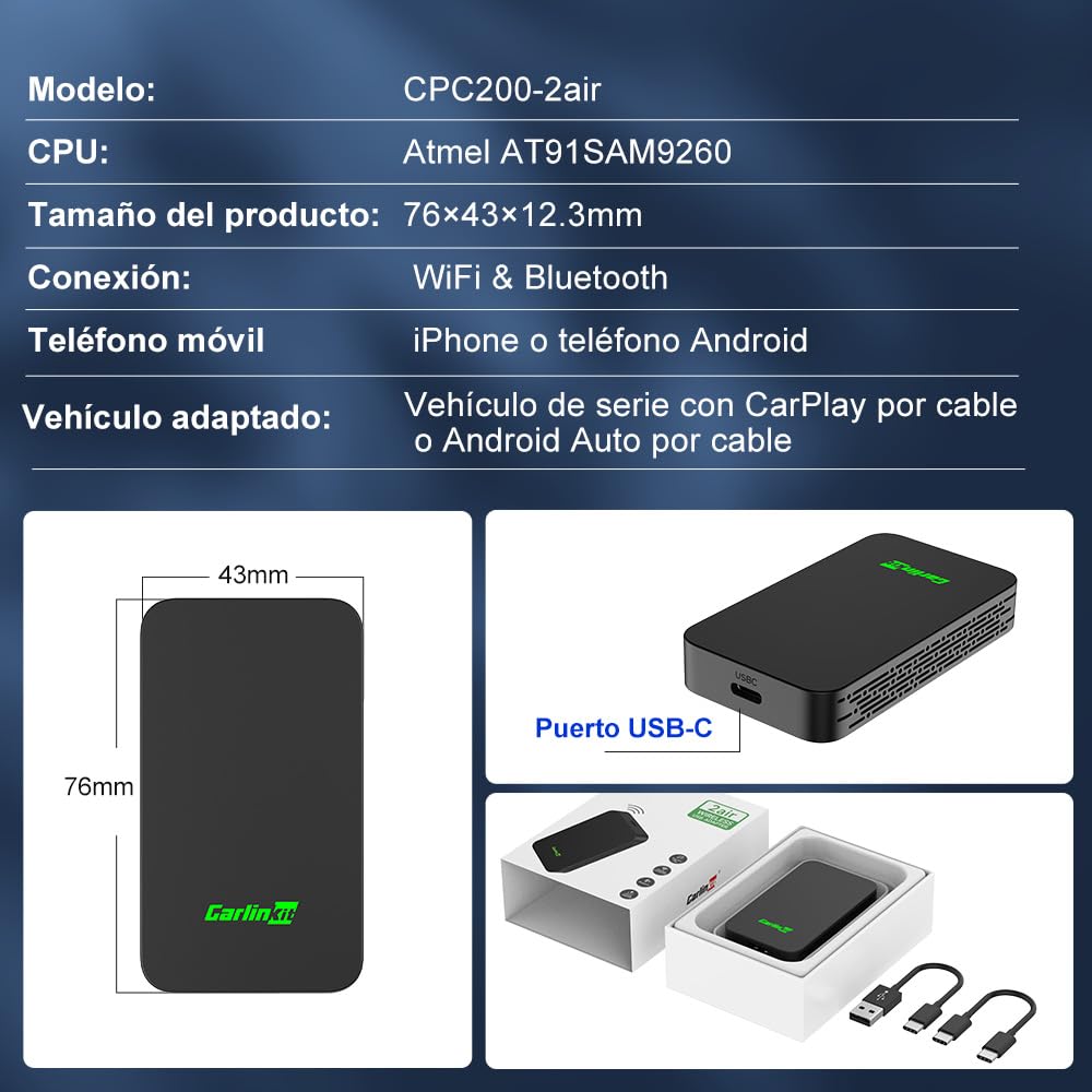 Carlinkit 2026 5.0 Carplay Inalambrico y Adaptador Android Auto Inalambrico,Adaptador inalámbrico 2 en 1convierte con Cable a inalámbrico,con actualización en línea,para iOS 10+ & Android 12+