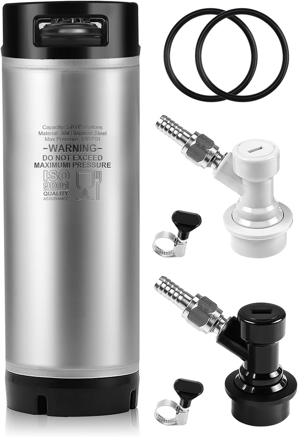 New 5 Gallon Ball Lock Keg, 304SS Corny Keg with Ball Lock Quick Disconnect & Dual Rubber Handles Bottom -Portable Beer Disperse with 2 Lid Gaskets 2 Hose Clamps - Ideal for Homebrew Party