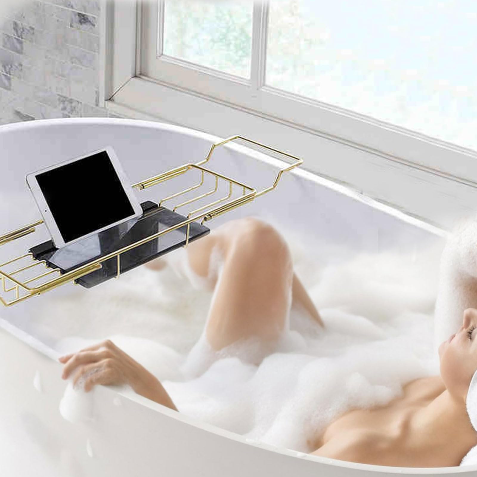 Bandeja de bañera ajustable, estante de alambre antideslizante expandible para tazas, tabletas, teléfono celular, organizador de estante de baño