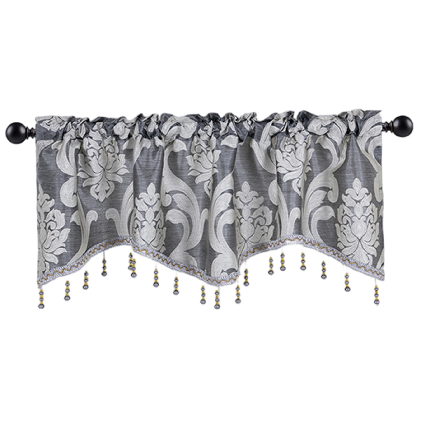 Nukinp Scalloped Valances for 52x18 Inch Jacquard Window Valance with Tassel Rod Pocket Scalloped Curtains for Living Room Kitchen, Grey