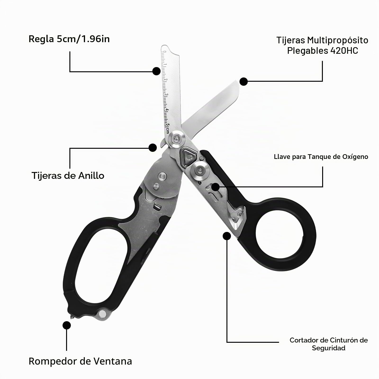 Raptor Response - Tijeras de rescate multifunción con 6 funciones, pinzas plegables de acero inoxidable, tijeras para traumatismos