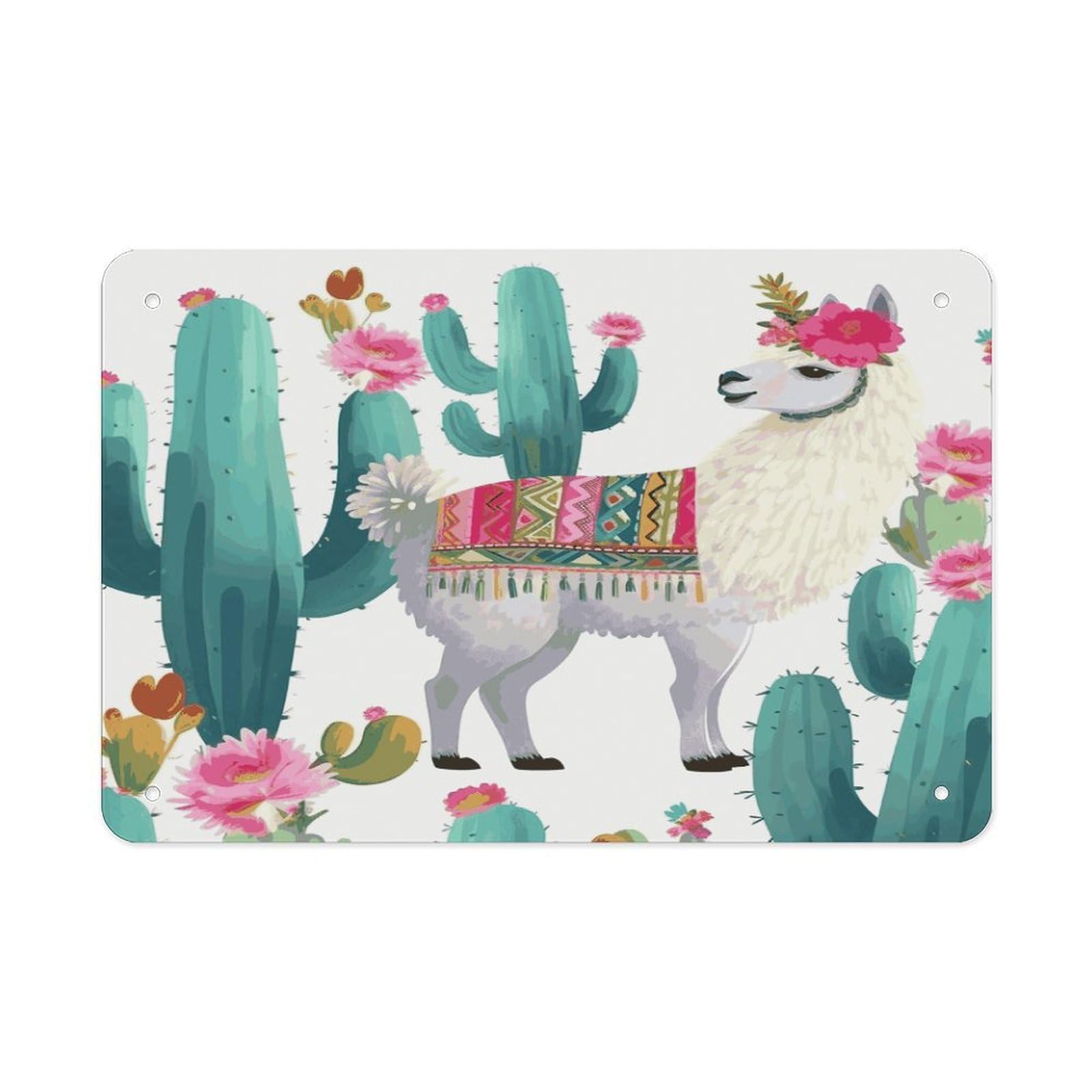 LDGSUPH Tropical Llama Alpaca Cactus Flower Metal Tin Sign Wall Art Prints Folded Edge Iron Sheet Painting with Holes for Wall Prints Decorative Picture Metal Signboard Decor Painting Wall Decor