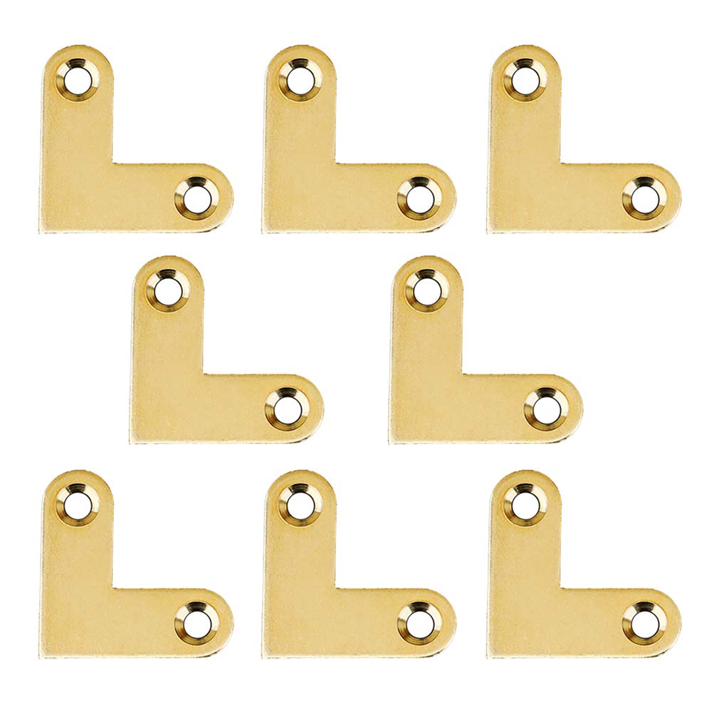 Tiazza 8Pcs Antique L Shape Brass Flat Corner Bracket Joint Flat Corner Brace Plate Support Drawer Fixed Corner Code (Gold)