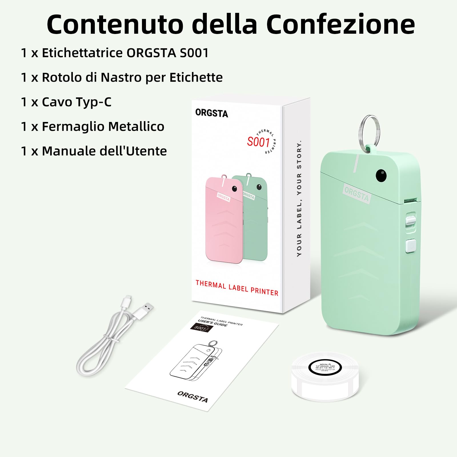 ORGSTA S001 Etichettatrice Bluetooth 2000mAh Mini Termica Portatile Stampante Etichette Adesive