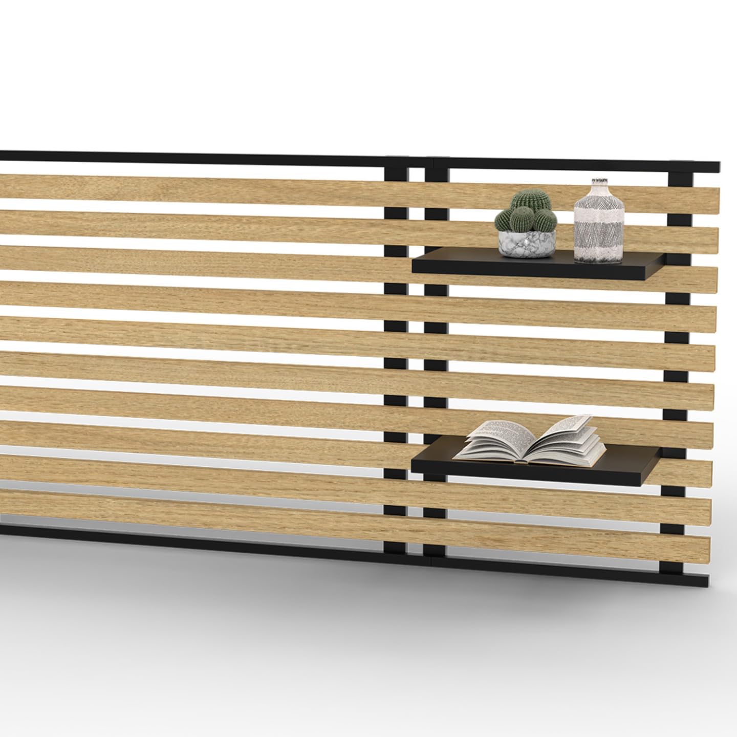 IDMarket - Tête de lit Suspendue en Lattes Detroit 240 cm Bois et métal Noir avec étagères Design Industriel