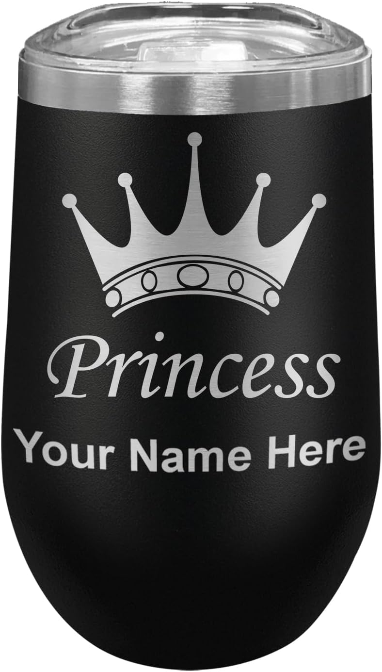 LaserGram 16oz Double Wall Stainless Steel Wine Glass Tumbler, Princess Crown, Personalized Engraving Included (Black)