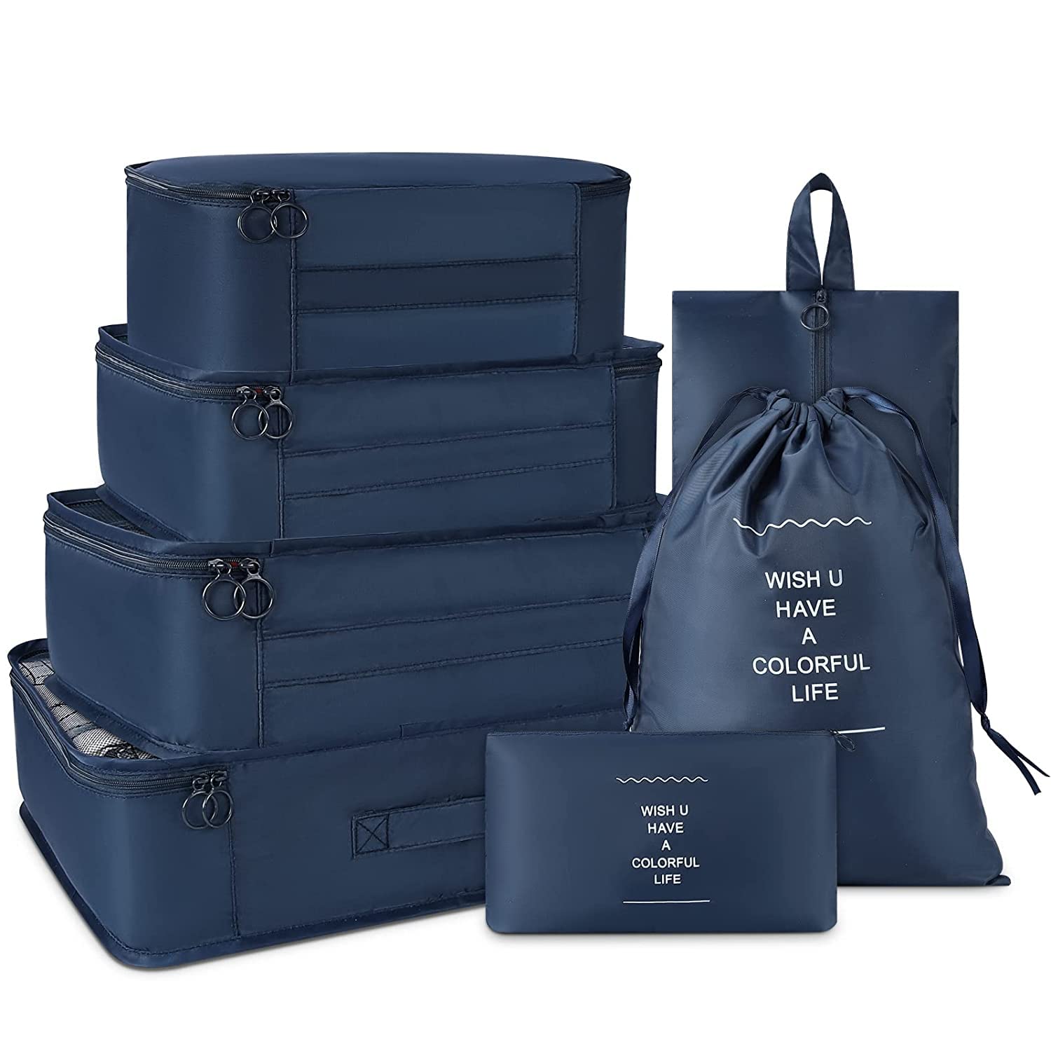 GALENO 7 Set Packing Cubes for Suitcases Foldable Travel Luggage Packing Organizers with Laundry Bag & Shoe Bag for Women Men Lightweight Travel Packing Cubes, Navy, One Size (BLUE, Nylon)-image-23