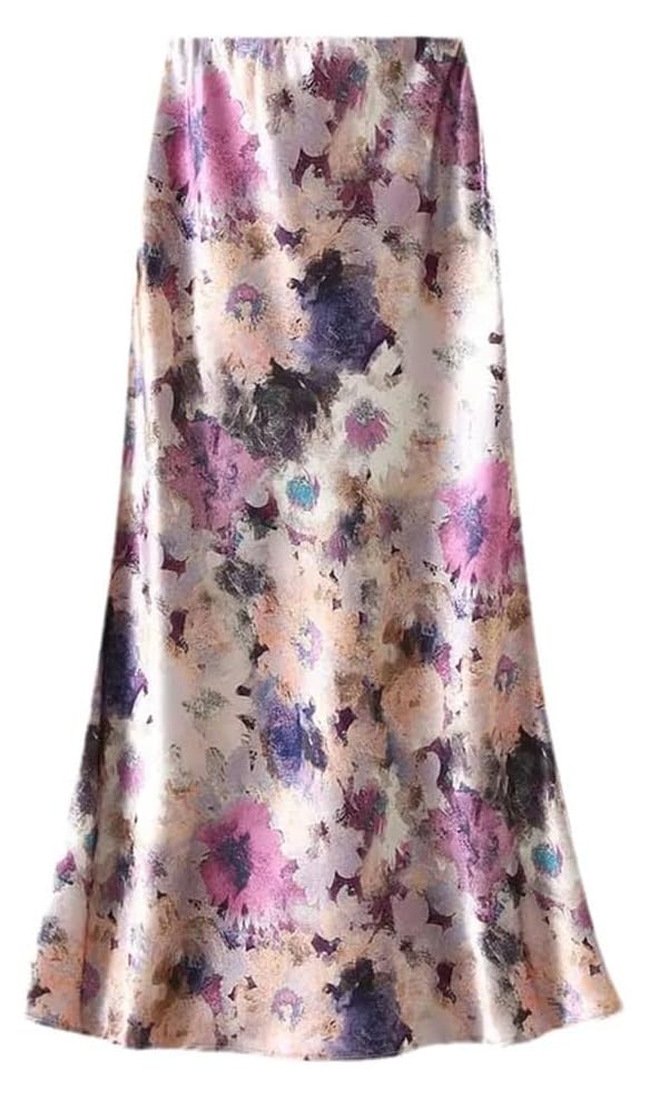 Women's Floral Satin A-Line Ankle-Length Skirt with High Waist Casual