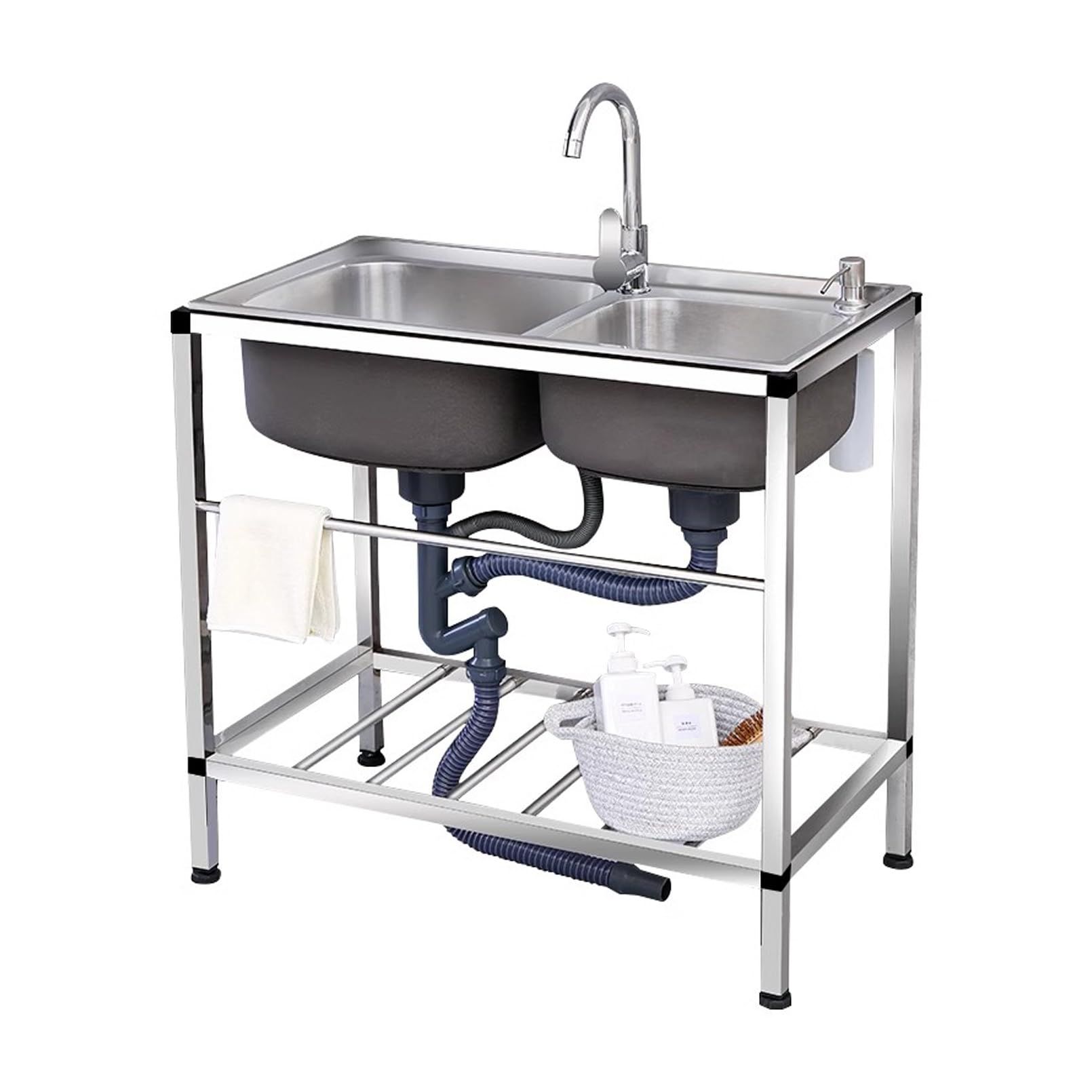 Fregadero de Cocina Comercial, Fregadero Doble Independiente de Acero Inoxidable con Grifo de Agua fría y Caliente, Estante de Almacenamiento, Placa deflectora para lavamanos, adec