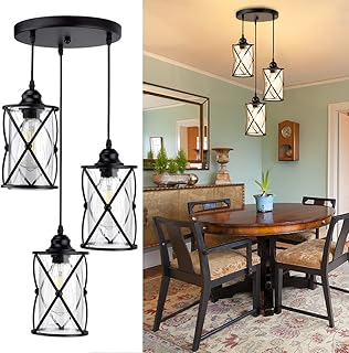 Depuley 3-Light Industrial Pendant Light, Black Metal Cage Hanging Chandelier Lights with Inner Glass Shade, Vintage Ceili...