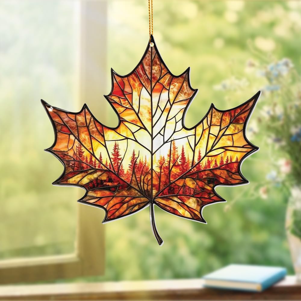 Stained Glass Acrylic Maple Leaf Ornament Autumn Christmas Tree Decoration 2025 Fall Harvest Sun Catcher Nature-Themed Holiday D