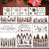 14 Pcs Large Christmas Stencils for Painting, Reusable Plastic Holiday Craft Templates, Christmas Window Stencils for Wood, Wall, Fabric & Doormat, DIY Snowflake Deer Forest Christmas Decorations