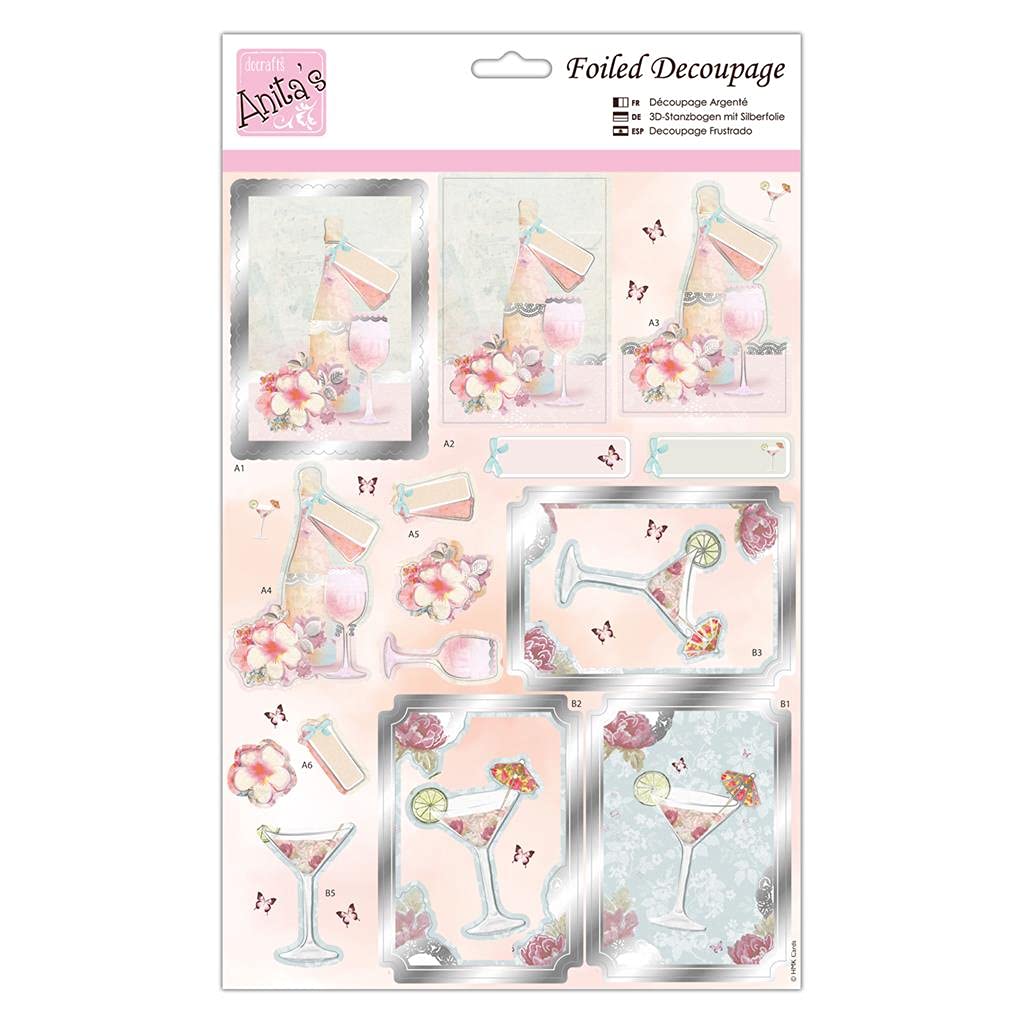 Docrafts Multi Anita's A4 Wine O'clock Coloured Foiled Decoupage Sheet, Accessories Supplies For Craft, Paper Craft, Scrapbooking, Card Making, Origami, Ideal For Adult Craft, Adds A Textured Pattern To Crafts