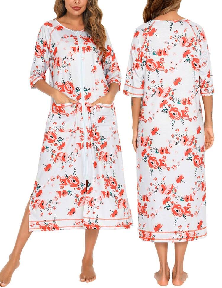 Image of Veseacky Women Robe Zipper Front House Coat 3 /4 Sleeve Nightgown Full Length Ladies Lounge Dress with Pockets S-XXL