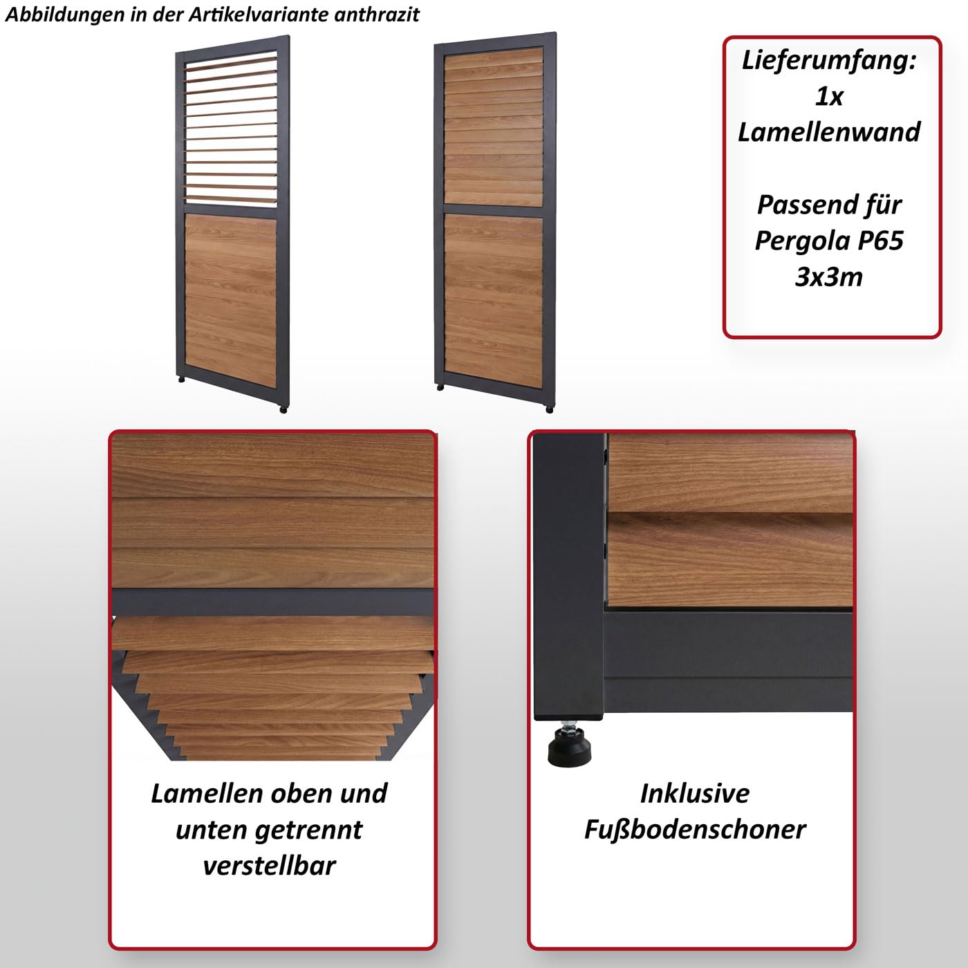 Mendler Lamellenwand für Pergola HWC-P65 Aluminium Holzoptik - weiß