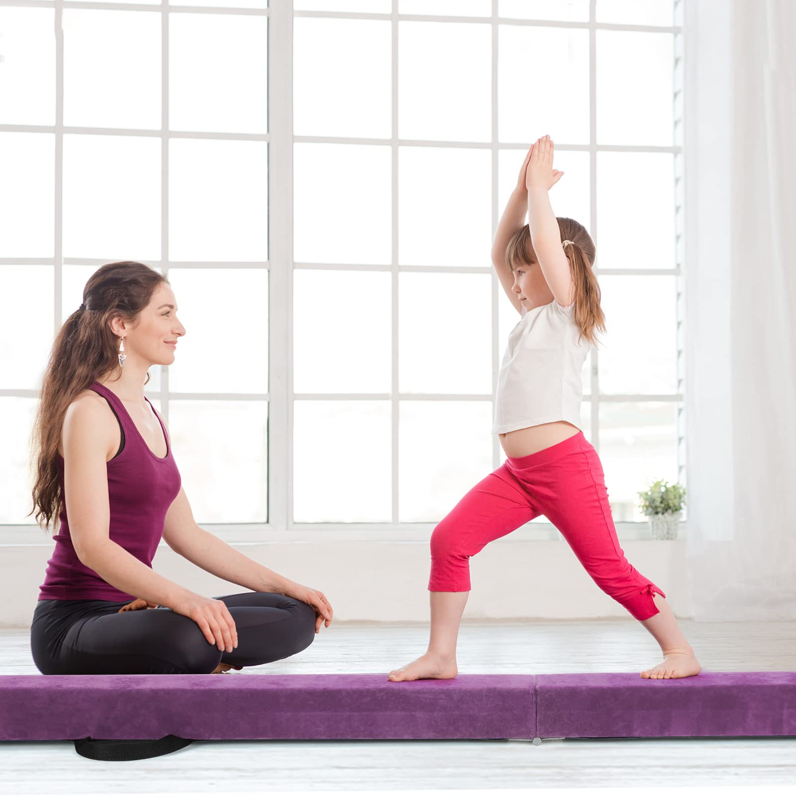 COSTWAY Poutre de Gymnastique Pliable, Barre de Gymnastique au Sol Portable en Mousse avec Housse en Daim Amovible et Fond Antidérapant Poignées, pour Enfants, Gymnastes