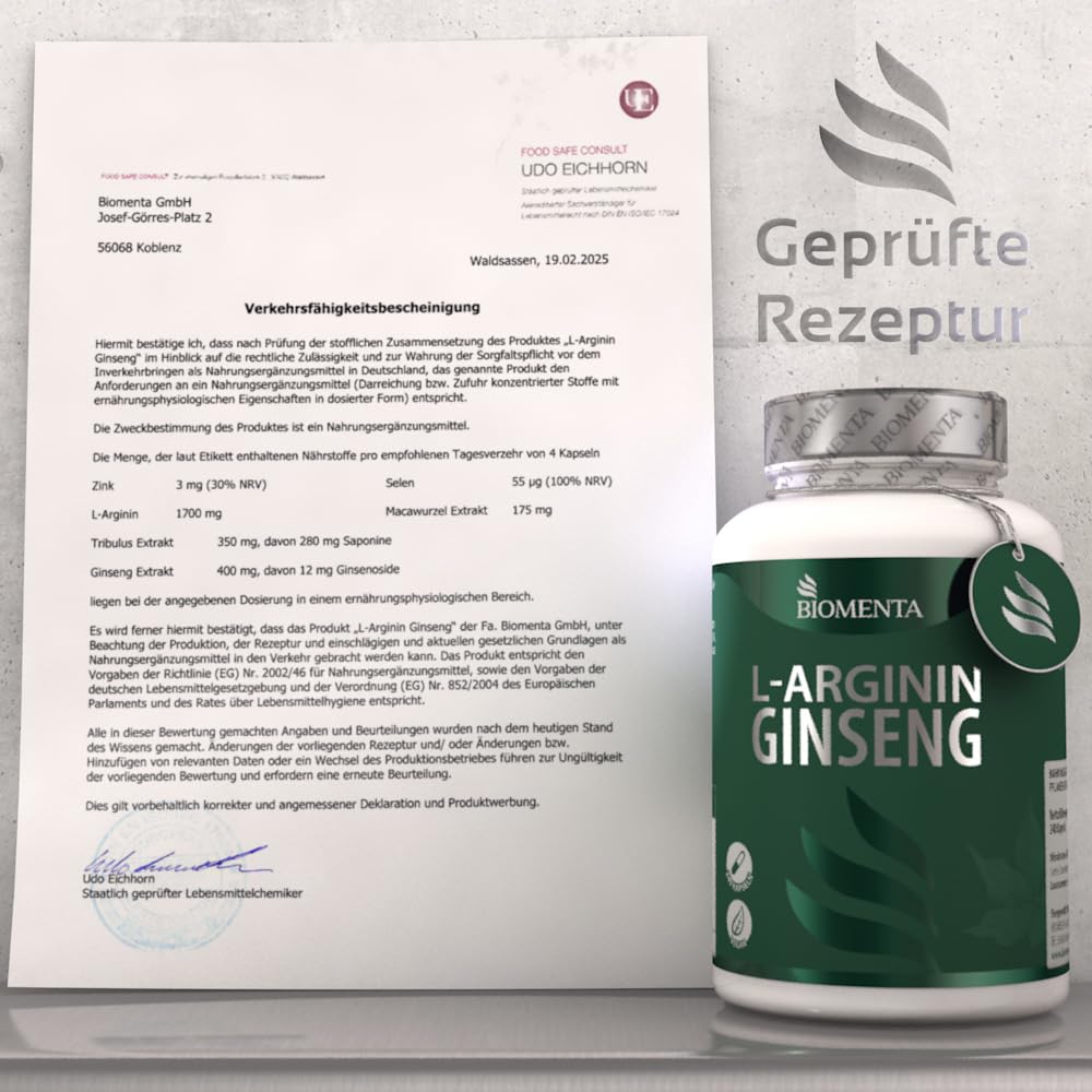 BIOMENTA Arginin Ginseng – 240 hochdosierte Kapseln - Wirkstoff Komplex + neue Rezeptur: Aminosäure, Mineralstoffe, Extrakte: Maca, Tribulus Terrestris, Zink, Selen - vegan - Premiumqualität