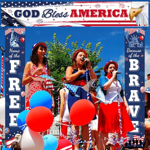 Image of AIBIIN God Bless American Decorations for 4th of July Memorial Day Porch Sign BannersPatriotic Decoration Hanging Banner Independence Day Veterans Day Hanging Banner for Yard Indoor Outdoor