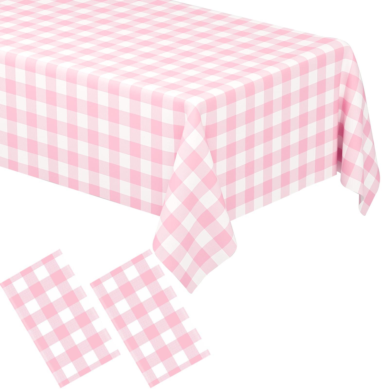 2 Pack Pink Gingham Tablecloth Rectangular Pink and White Checkered Tablecloths Disposable Plastic Pink Plaid Table Cover for Parties, Outdoor Picnic, Birthday, Wedding, Camping 54 × 108 Inch