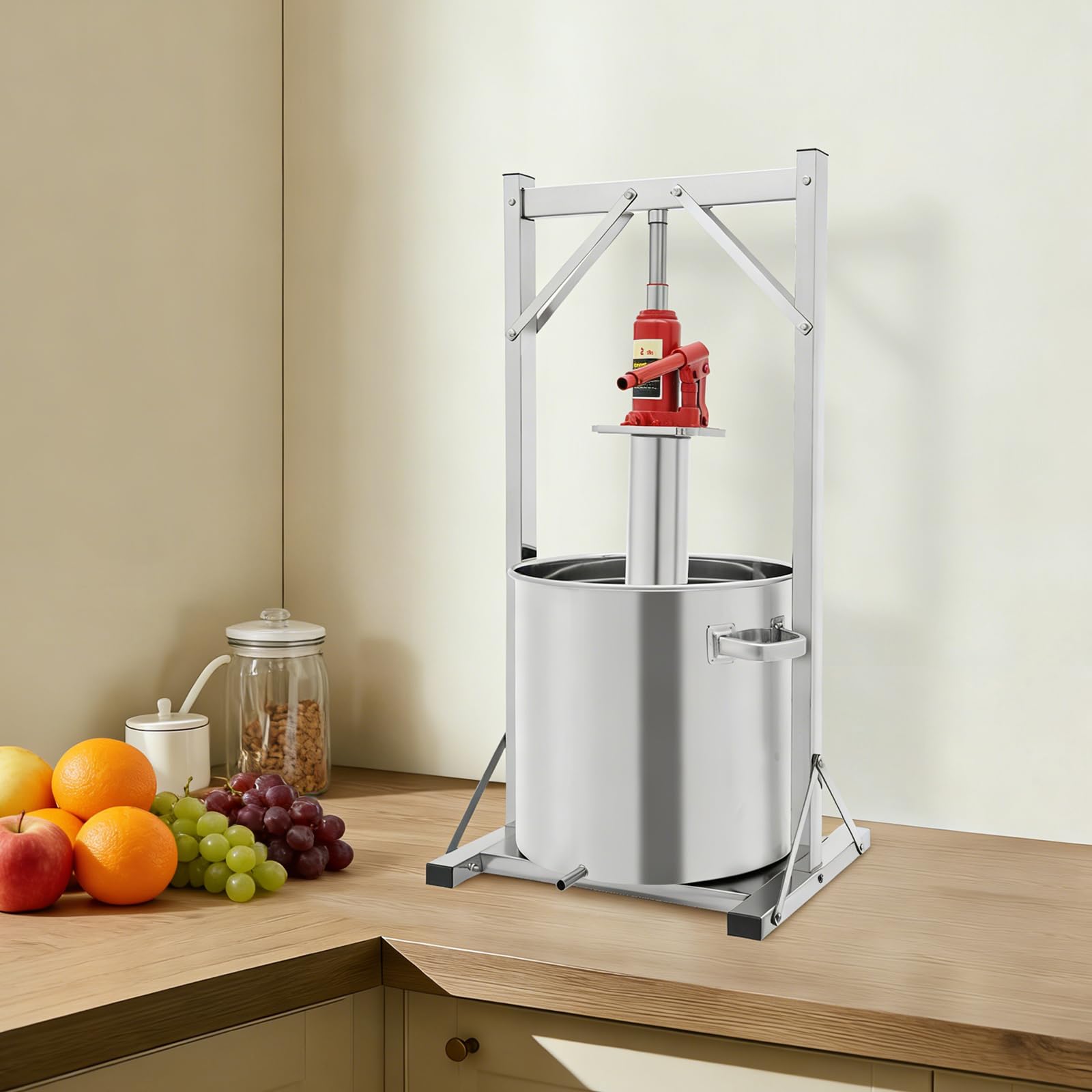 Hydraulische Obstpresse 36L | Edelstahl Weinpresse mit Wagenheber Silber | Edelstahl 304, 36L Fassungsvermögen, 3T hydraulischer Druck, Maische- Filtertuch, für Wein Honig Obst Gemüse silber