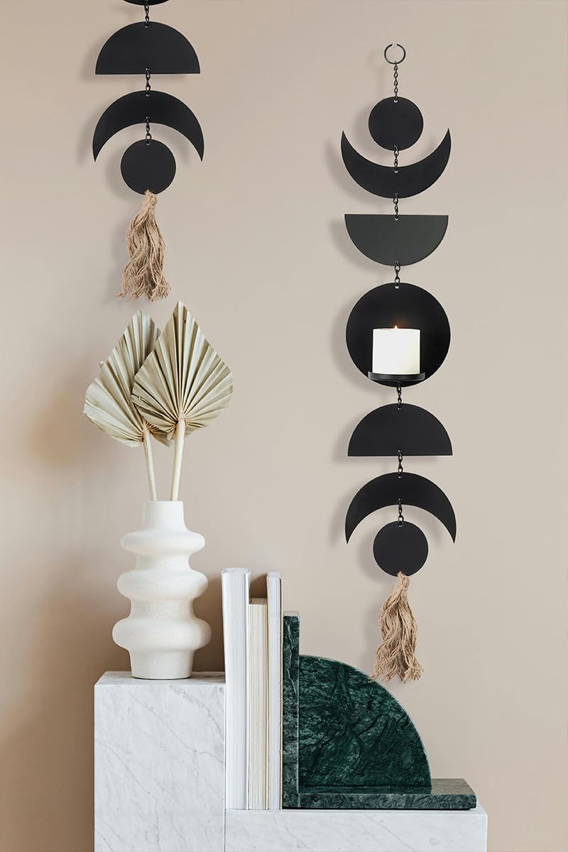 Wandhalter für Kerzen, Schwarz Metall Wandkerzenhalter, Kerzenständer für Wandmontage, Groß Boho Hänge Wand Kerzenhalter Deko(2er Set)