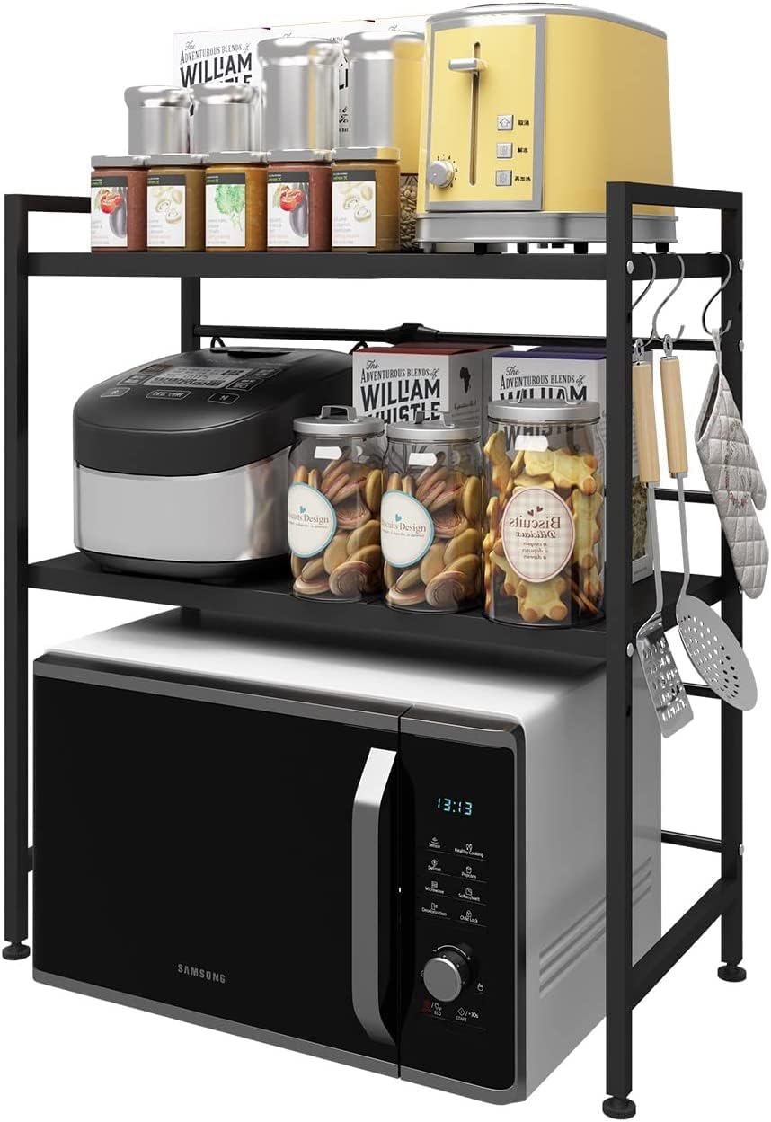 Luchs – Mikrowellen Ständer/Regal, Mikrowellenhalterung, Mikrowellenständer, Mikrowellen Ständer/Organizer mit 3 Haken, Microwave Holder/Rake grössenverstellbar (Schwarz, Gora 3 Ebenen)