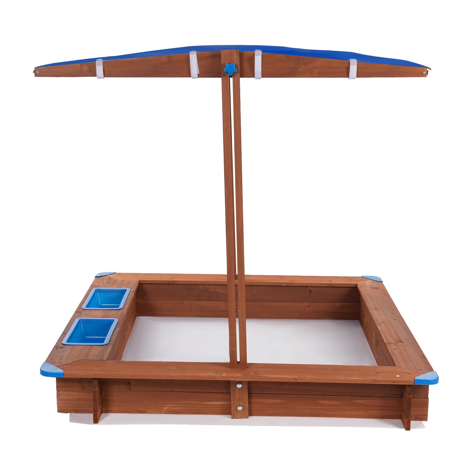 Sabbiera in legno per bambini con copertura del tetto, 126 x 121 x 118 cm, sabbiera in legno blu e marrone, con tappetino per sabbia per giardino, esterno per bambini dai 3 anni ai 14 anni